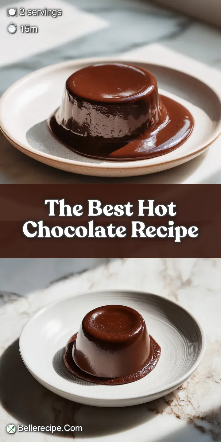 Close-up of velvety hot chocolate with a dusting of cocoa. Steam rises from the dark liquid, inviting warmth and indulgence.