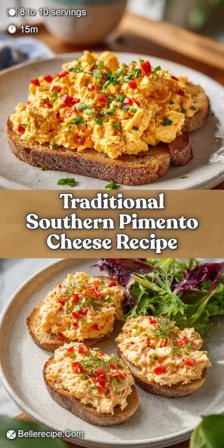 Close-up of velvety pimento cheese, showing the creamy texture and small, diced red pimento pieces.