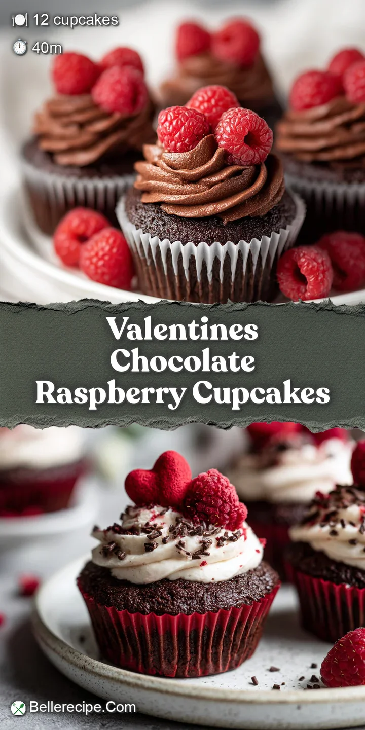 Close-up of a decadent chocolate cupcake, juicy raspberries nestled in creamy frosting, capturing the sweet Valentine's tr...