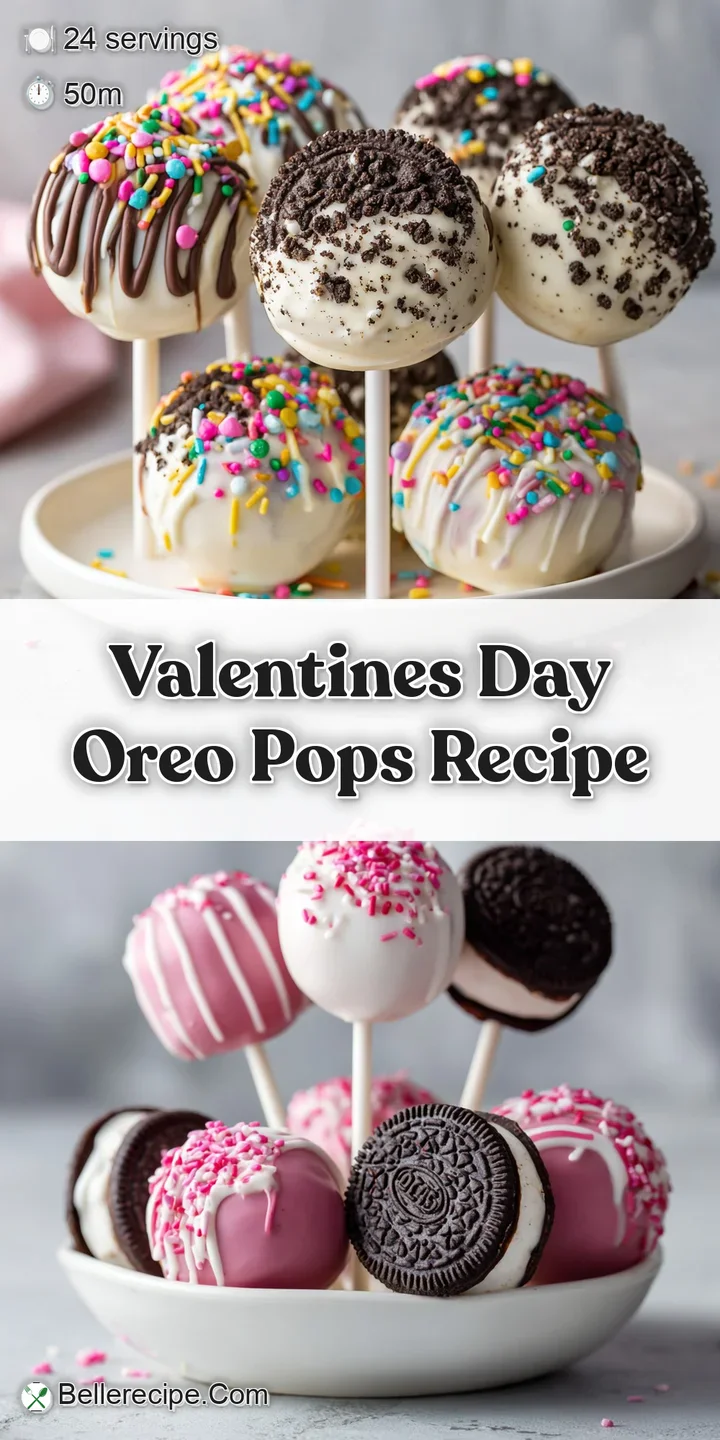 Close-up: smooth, glossy pink chocolate-covered Oreo pop with sparkling Valentine's Day sprinkles, a sweet treat.
