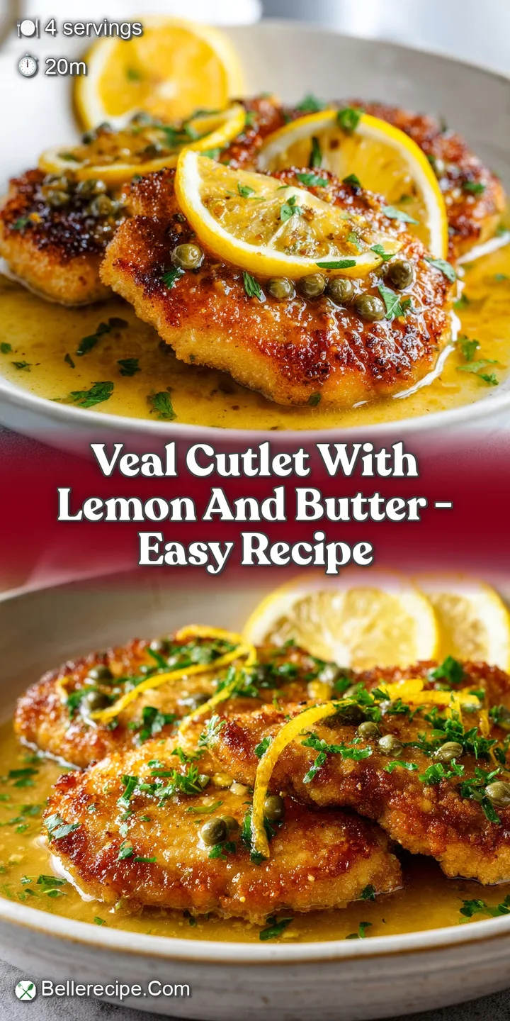 Appetizing close-up reveals tender veal cutlet swimming in lemon butter. Hints of herbs and golden crust create a mouthwat...