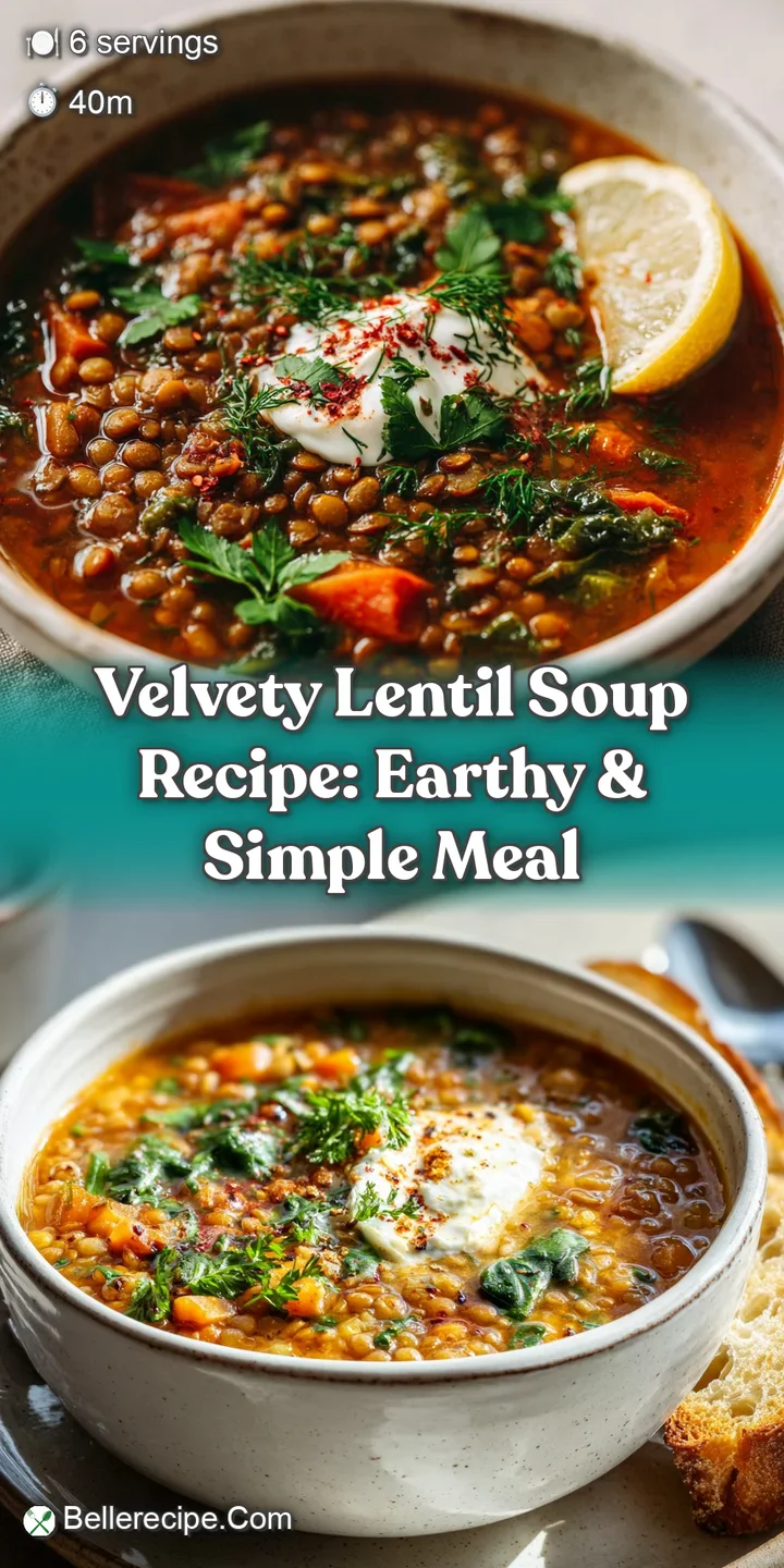 Close-up of rich lentil soup, highlighting the texture of tender lentils, diced vegetables, and herbs. Glistening with sav...