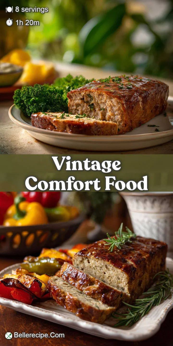 Close-up of glistening meatloaf slice showing a delicious, caramelized crust and juicy interior with flecks of herbs.