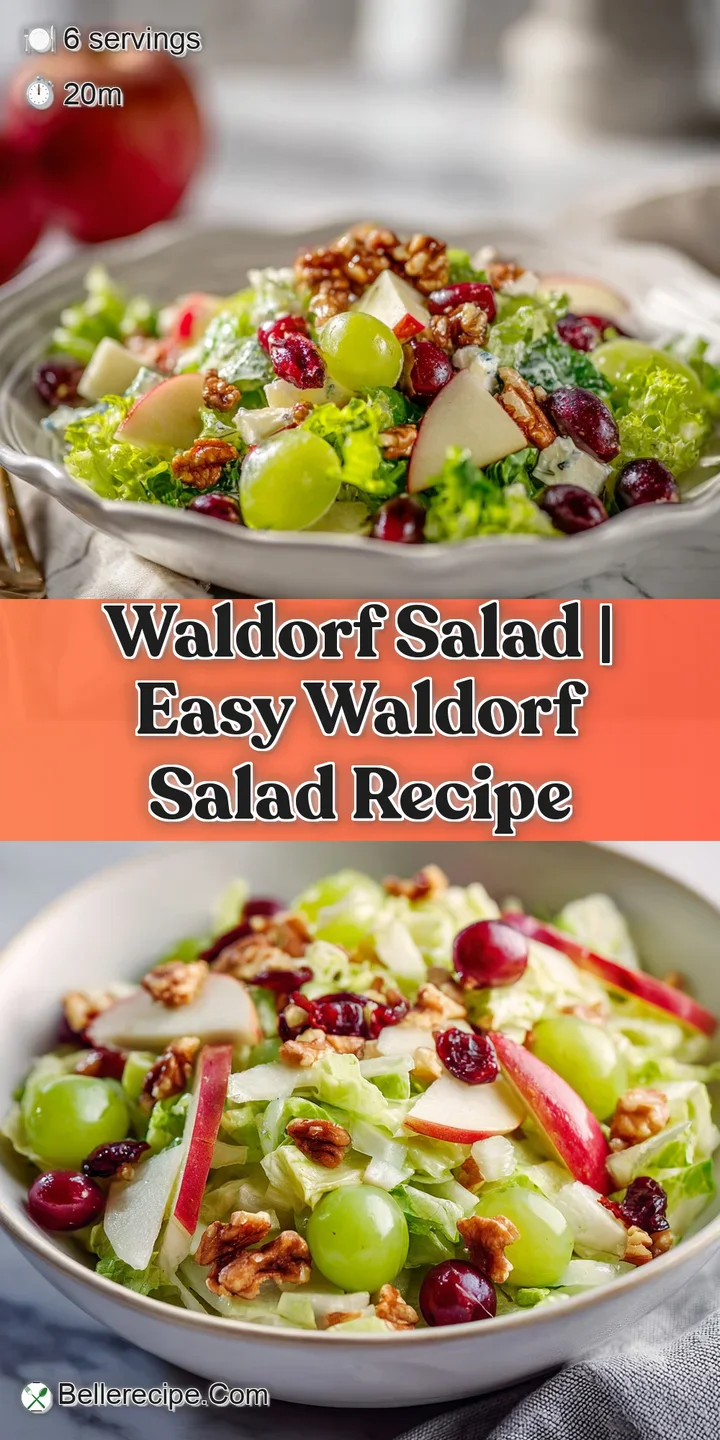 Close-up of Waldorf salad revealing juicy apples, plump grapes, crunchy celery, and walnuts coated in a luscious, light dr...