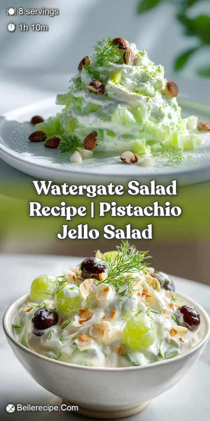 Close-up view of a chilled, pistachio-green dessert salad, showcasing its airy texture and mix of fruit pieces.