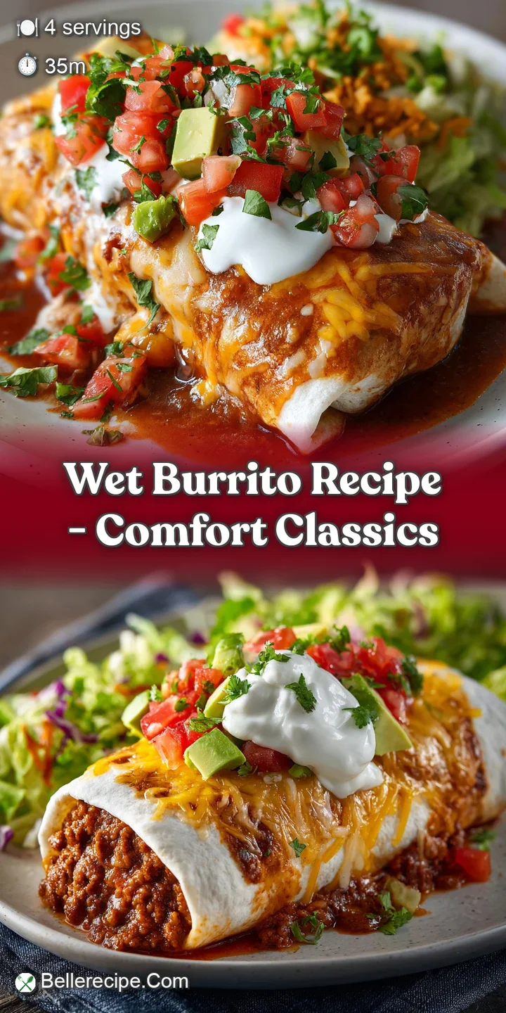 Close-up of a saucy wet burrito, cheese bubbling, with a juicy ground beef filling peeking through. Steam rises gently.