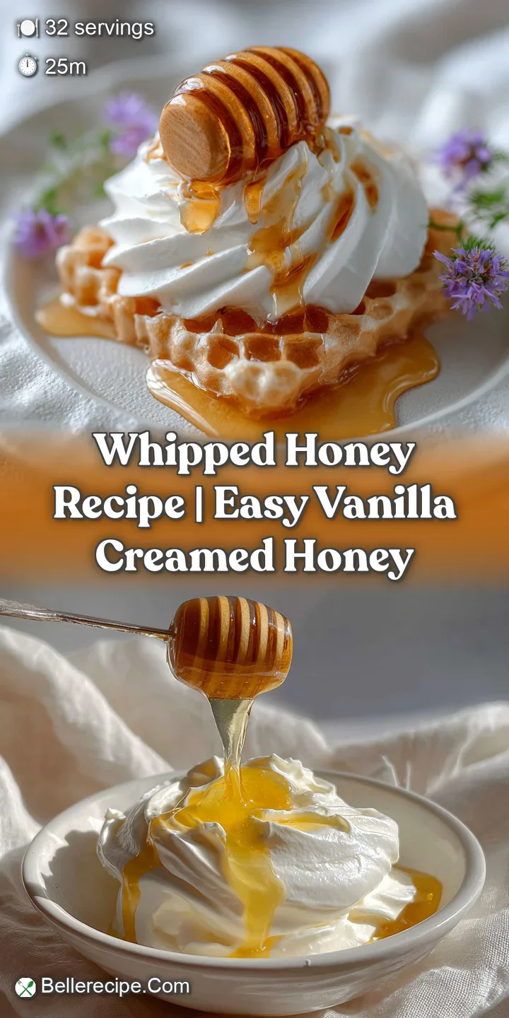Close-up shows airy, light texture of vanilla whipped honey. Shiny, inviting, and soft. Golden drip of honey glistening in...