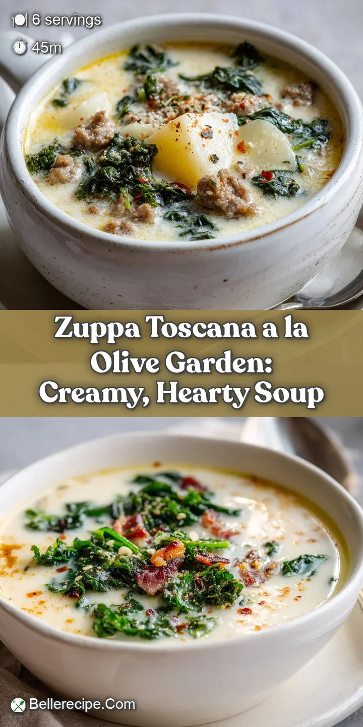 Close-up of Zuppa Toscana, showcasing the creamy broth, hearty sausage, and dark green kale. A glimpse of warmth and comfo...