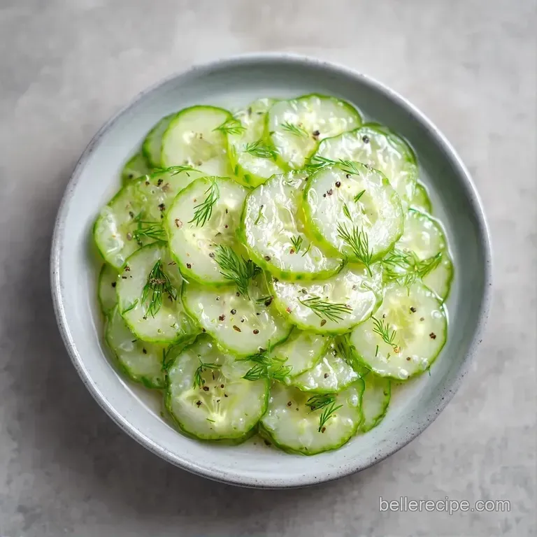 Translucent cucumber rounds and red onion slivers neatly piled on a matte white plate with sprigs of fresh dill.