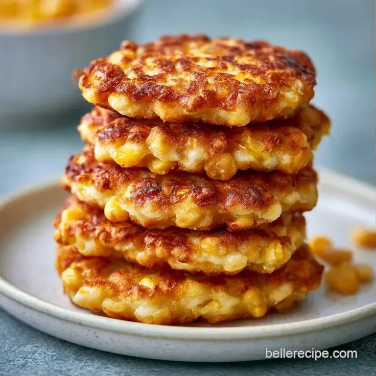 Crisp golden fritters arranged on a white platter, dotted with corn kernels and herbs beside a creamy dip.