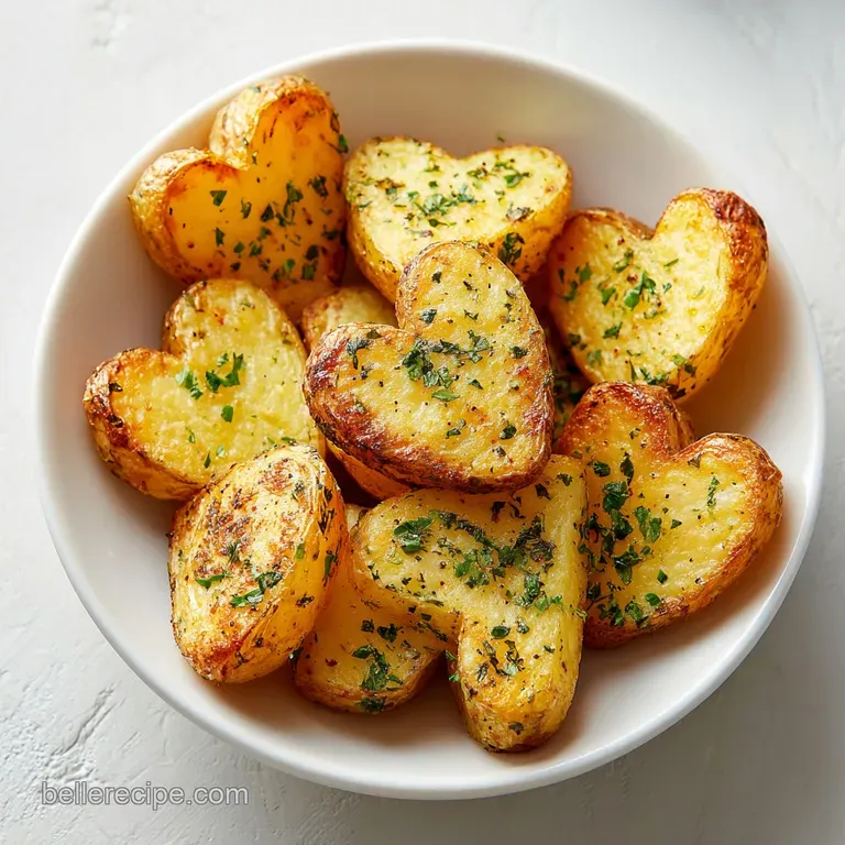 Shiny, red plate with two heart-shaped potatoes, parsley garnish, glistening with oil; romantic Valentine's snack or side.