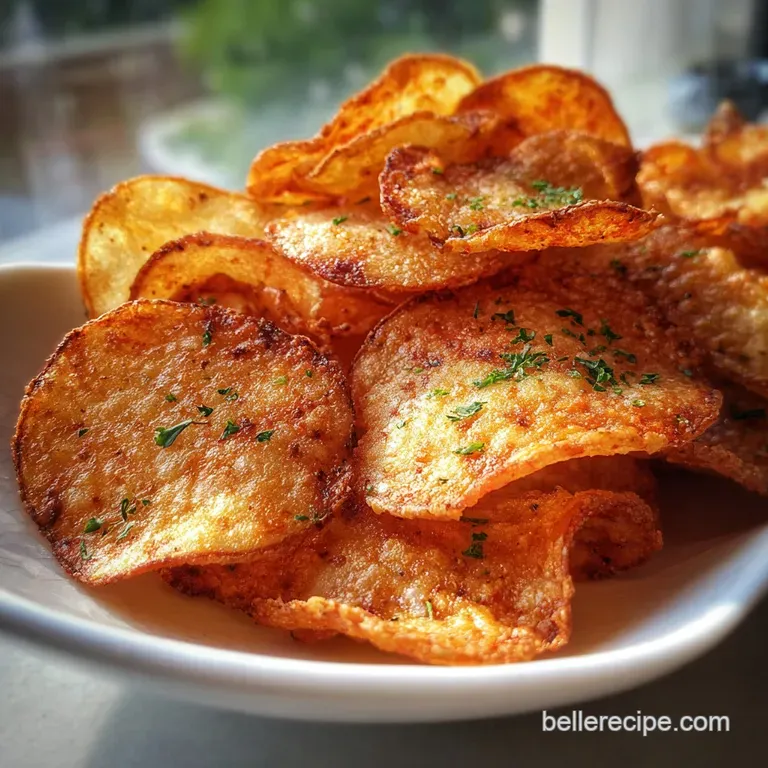 Stack of crispy air fryer potato chips in a rustic bowl. Sprigs of fresh herbs add a pop of green, suggesting homemade goo...