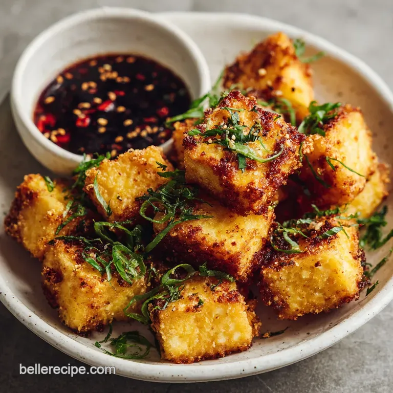 Two servings of glazed tofu are plated beautifully with sesame seeds and fresh greens, offering a simple yet elegant vegan...