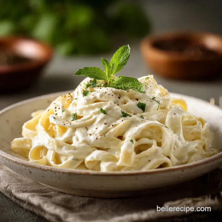 Elegant twirls of fettuccine Alfredo nestle on a white plate. Sauce shimmers, hinting at its velvety smooth, light texture.