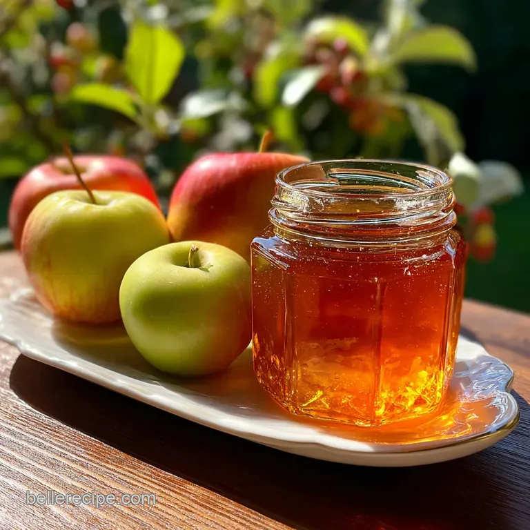 A petite glass dish with clear apple jelly, a spoon poised, its smooth surface reflecting light, promising a sweet taste.