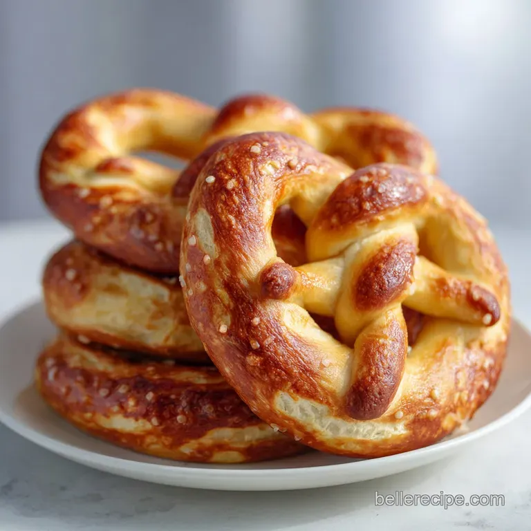 A single, perfectly formed soft pretzel, glistening with melted butter and salt, presented on a rustic wooden cutting board.