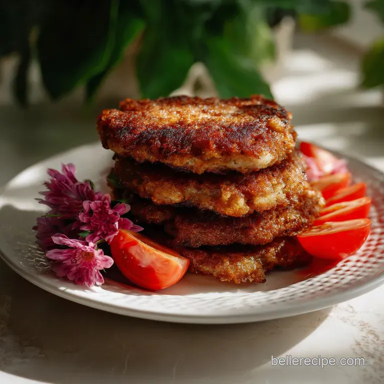 Two perfectly seared goetta cakes elegantly plated, the crisp edges contrasting with the soft center, garnished with fresh...