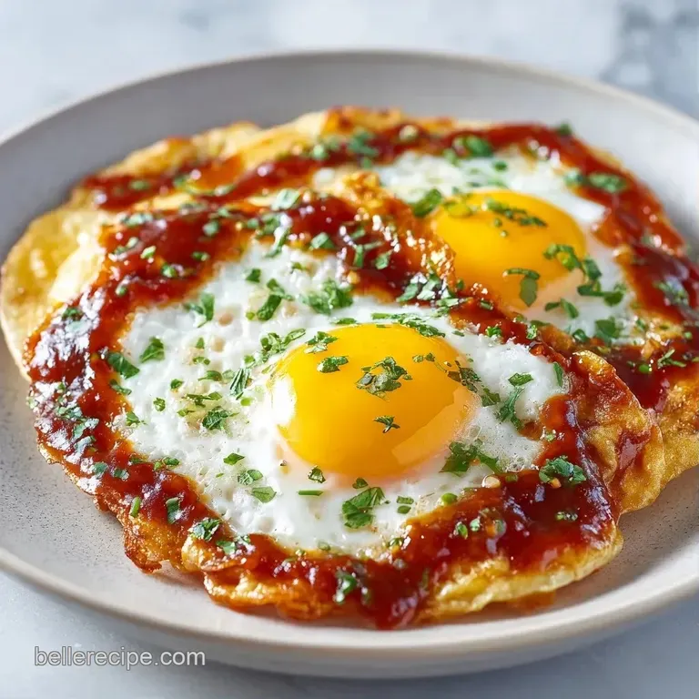 A rustic ceramic plate featuring vibrant red sauce, golden eggs, and a sprinkle of white cheese and fresh cilantro.