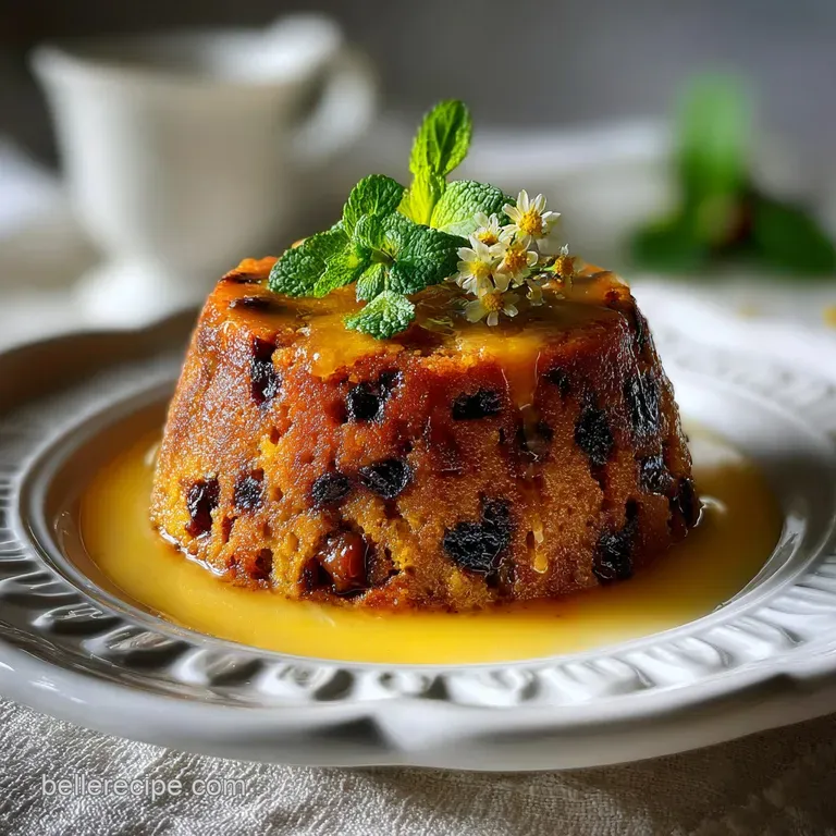 Elegant slice of Spotted Dick, moist crumb texture visible, on a white plate with a drizzle of warm custard, a classic Bri...