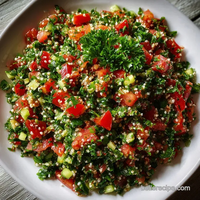 Tabbouleh artfully piled on a plate; finely chopped greens glisten with lemon and olive oil, inviting freshness and bright...