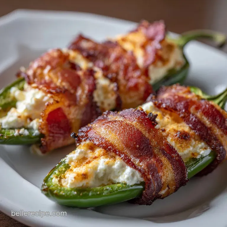 Crispy baked jalapeno poppers artfully arranged. Smoky bacon & oozing cream cheese create an irresistible appetizer.