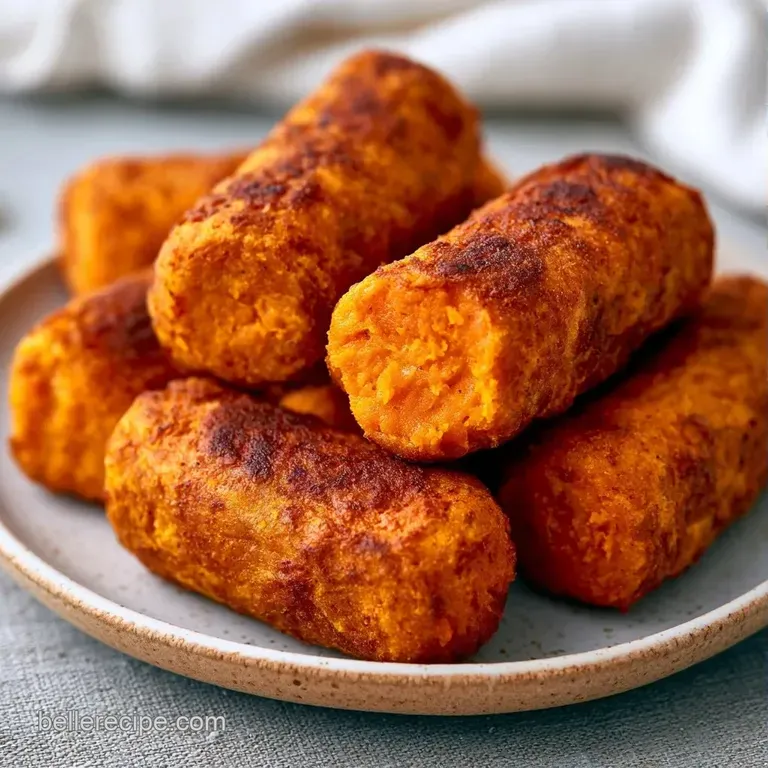 Neatly stacked orange vegetable bites on a rustic wooden board beside a small bowl of smooth white dipping sauce.