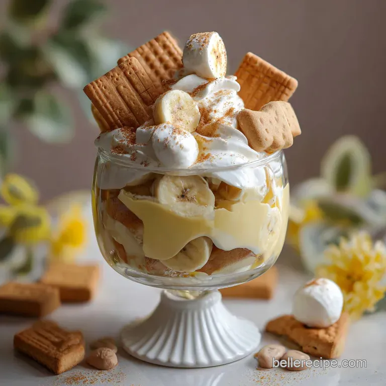 Elegant banana pudding parfait in a stemmed glass, showcasing layers of vanilla wafers, ripe bananas, and whipped cream.