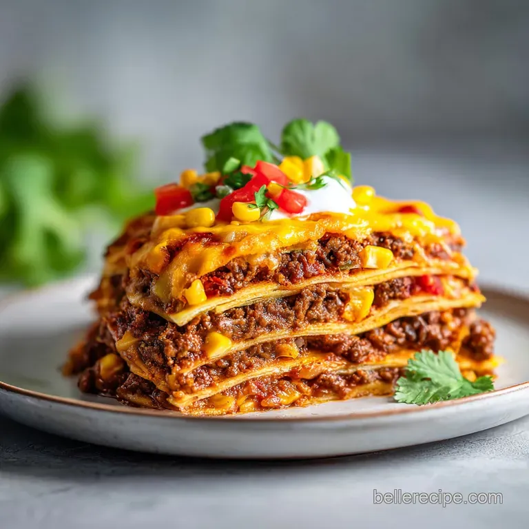 A fork-tender slice of beef enchilada casserole with a dollop of sour cream and fresh cilantro garnish.