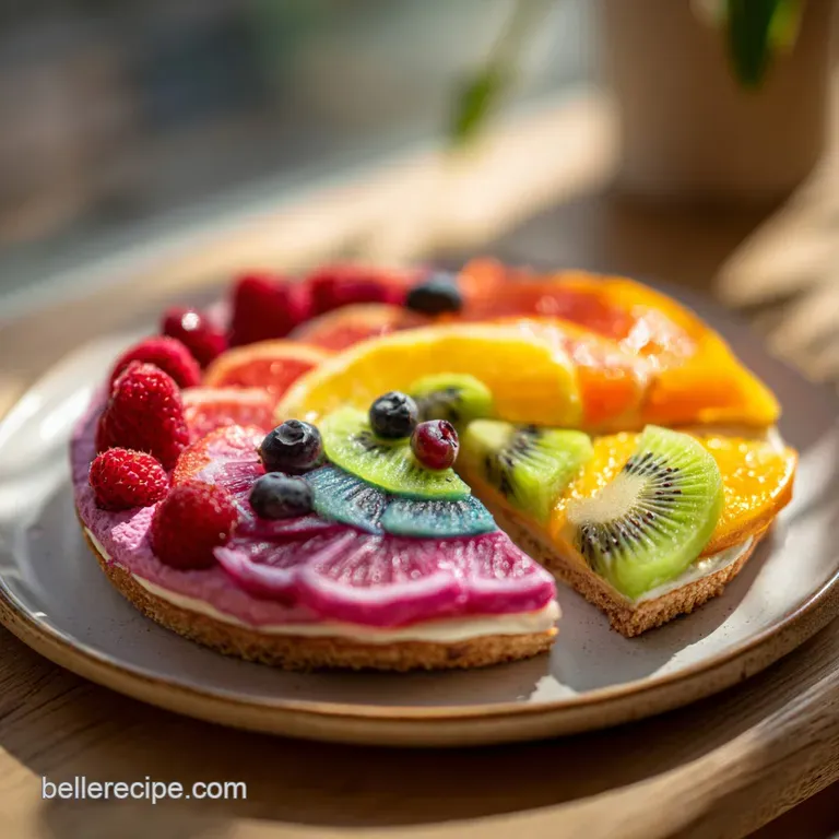 Elegant slices of fruit pizza artfully arranged on a white plate. Vivid colors and textures create an appetizing dessert d...