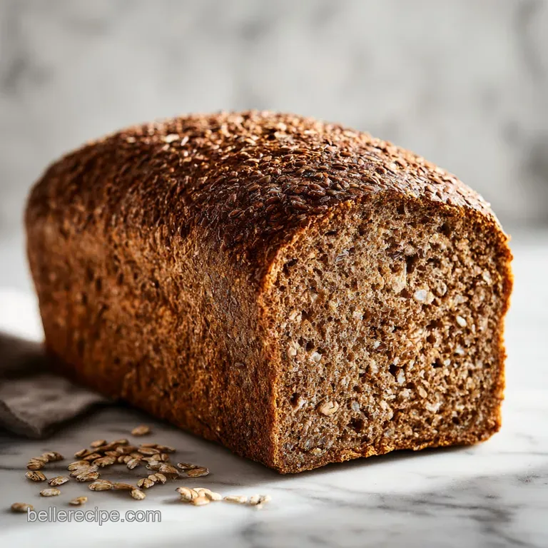 Hearty brown loaves on a rustic wooden board with a linen cloth and a scattering of raw barley grains.