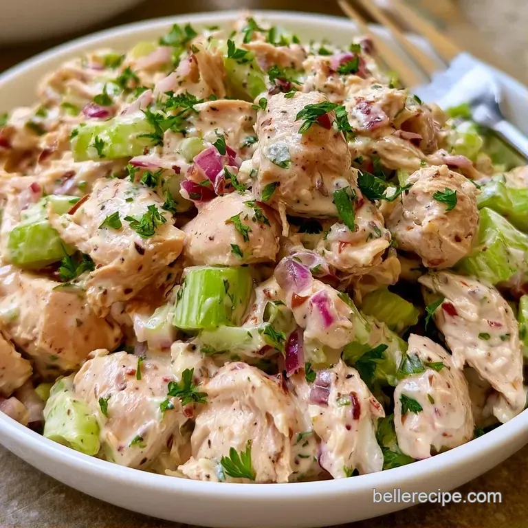 Creamy chicken salad scoop atop crisp green butter lettuce with sliced red tomatoes on a white ceramic plate.