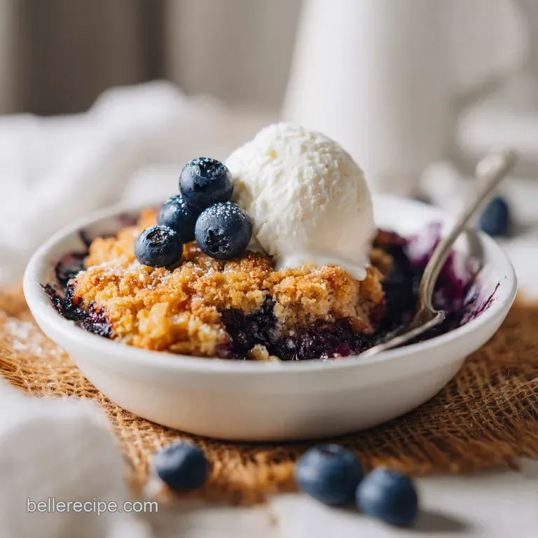 A rustic slice of warm blueberry dump cake served with a dollop of whipped cream.