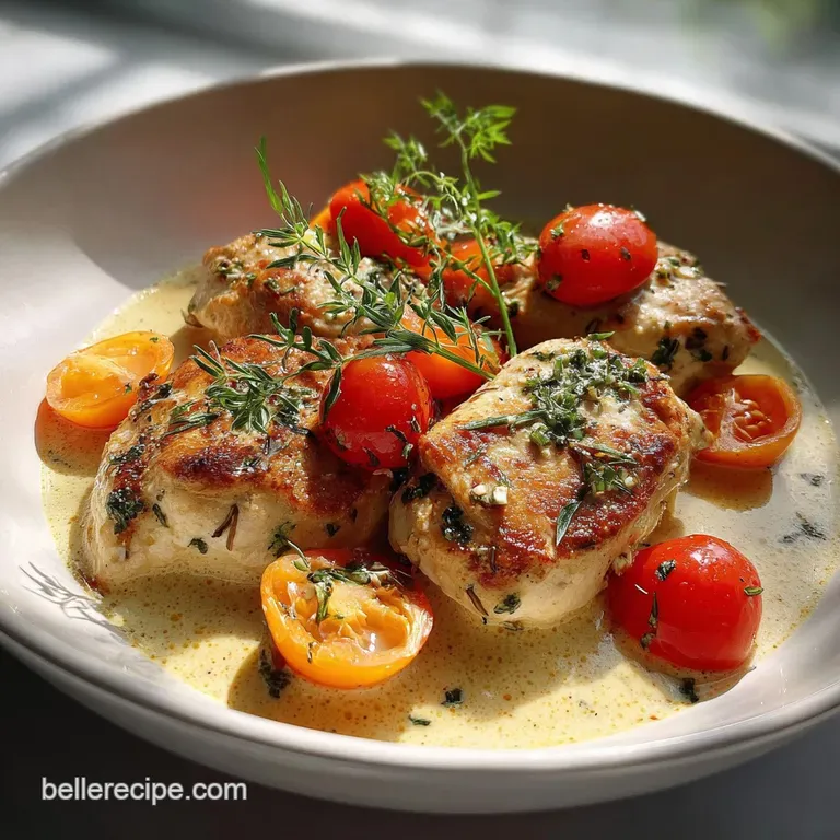 Perfectly seared chicken breast with rich, creamy sauce artfully spooned over. Fresh herbs and a bright green vegetable side.