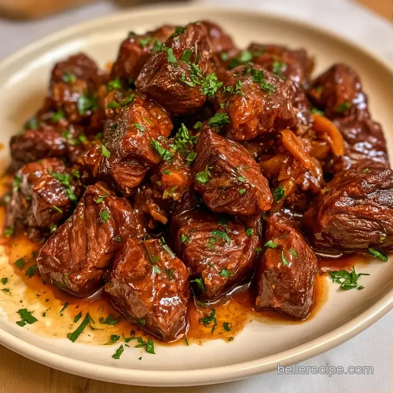 Tender, slow-cooked beef in a glossy dark reduction, paired with vibrant carrot rounds on a clean white ceramic plate.