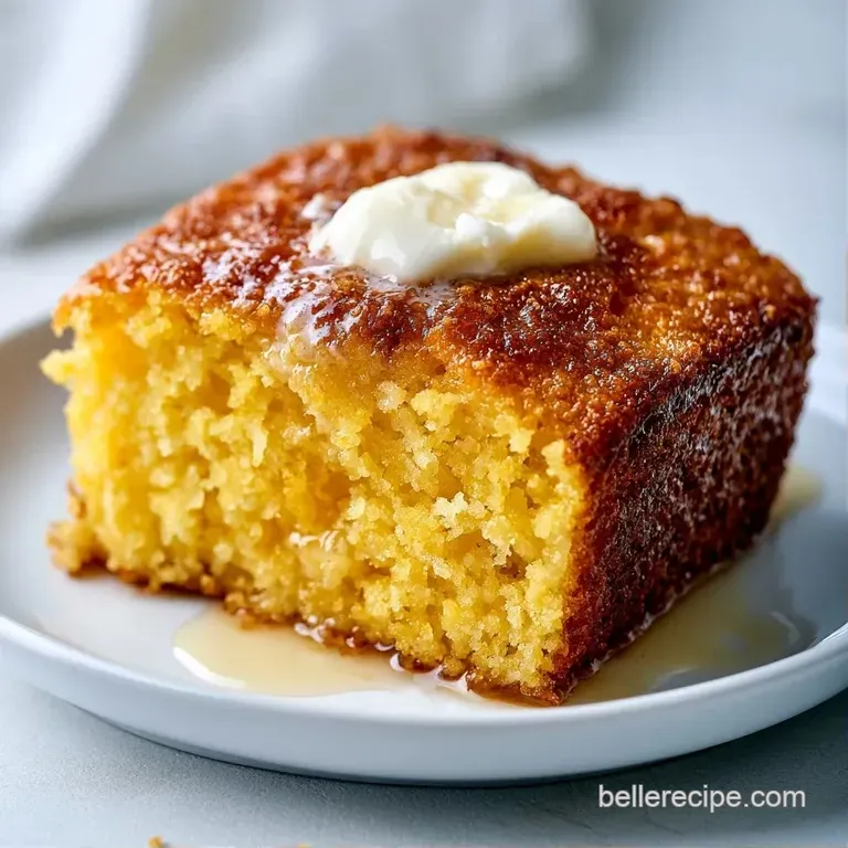 A thick slice of golden corn cake topped with a melting pat of butter on a white plate beside a linen napkin.