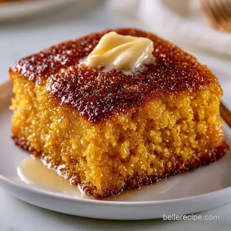 A thick slice of honey-colored cornbread topped with a melting pat of salted butter on a minimalist white plate.