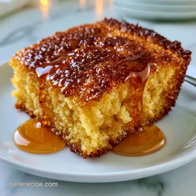 Slices of golden corn cake arranged on a white ceramic plate, finished with a glossy honey swirl and fresh mint.