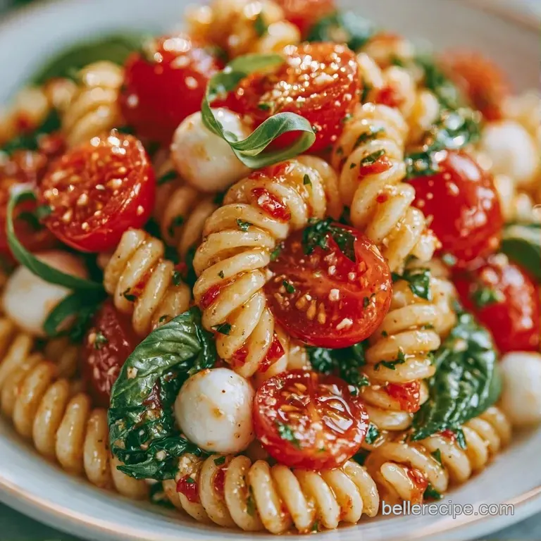 Elegant white bowl of rotini pasta, bright red tomatoes, and creamy mozzarella drizzled with glossy balsamic glaze.