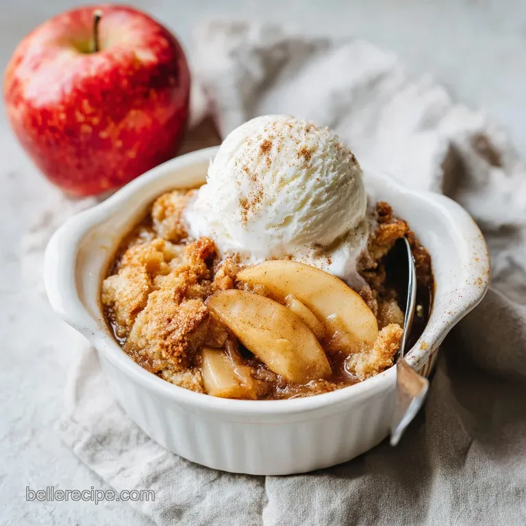 A slice of warm caramel apple cake, revealing soft baked apples and a crunchy streusel, served with a scoop of vanilla ice...
