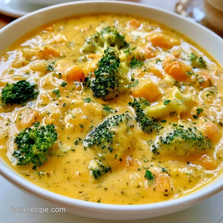 A white ceramic bowl of golden cheese soup topped with a swirl of cream and a sprig of fresh green parsley.