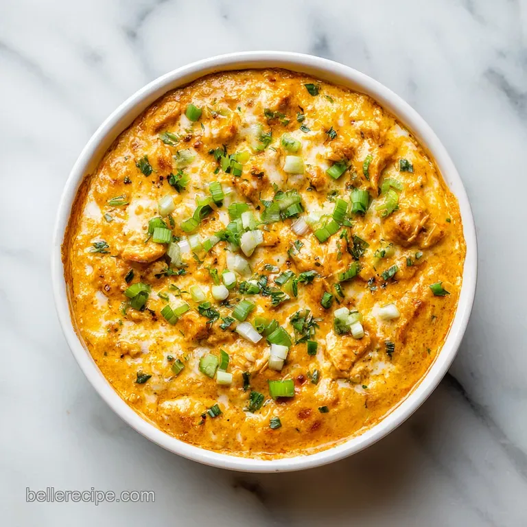 Creamy, cheesy chicken dip spooned into a white ramekin, topped with chopped green onions and a sprinkle of paprika.
