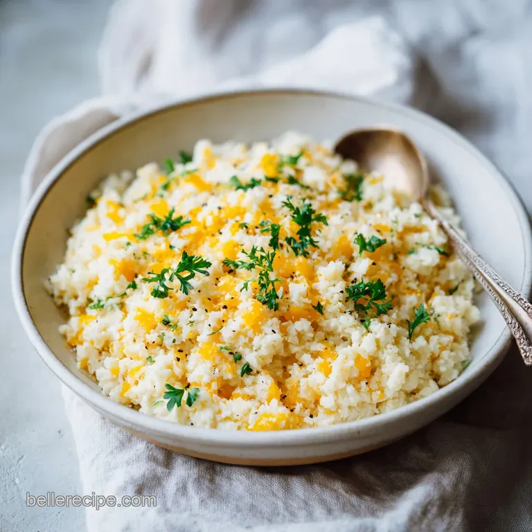 A vibrant scoop of cheesy cauliflower rice, glistening under soft light, served in a rustic bowl.
