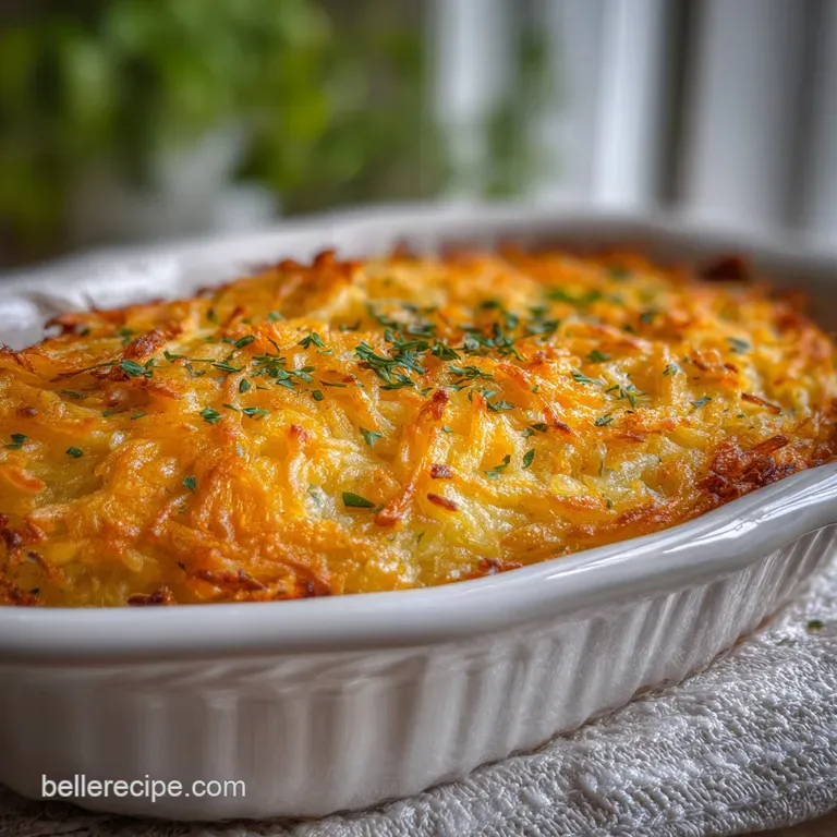 Individual serving of golden hashbrown casserole, garnished with fresh parsley, steaming and inviting on a white plate.