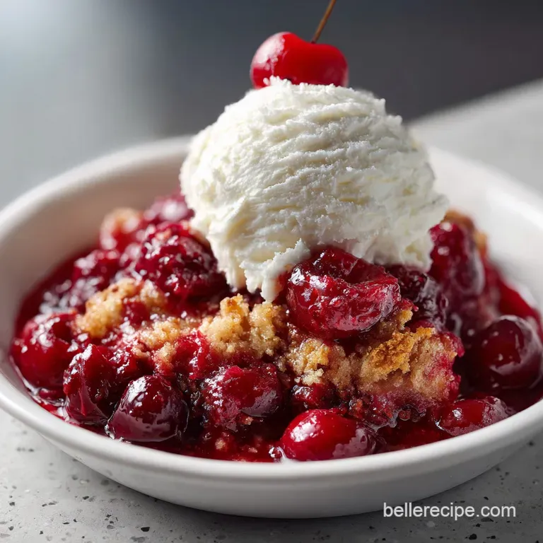 A generous slice of cherry dump cake with fluffy whipped cream, revealing a vibrant red fruit base.