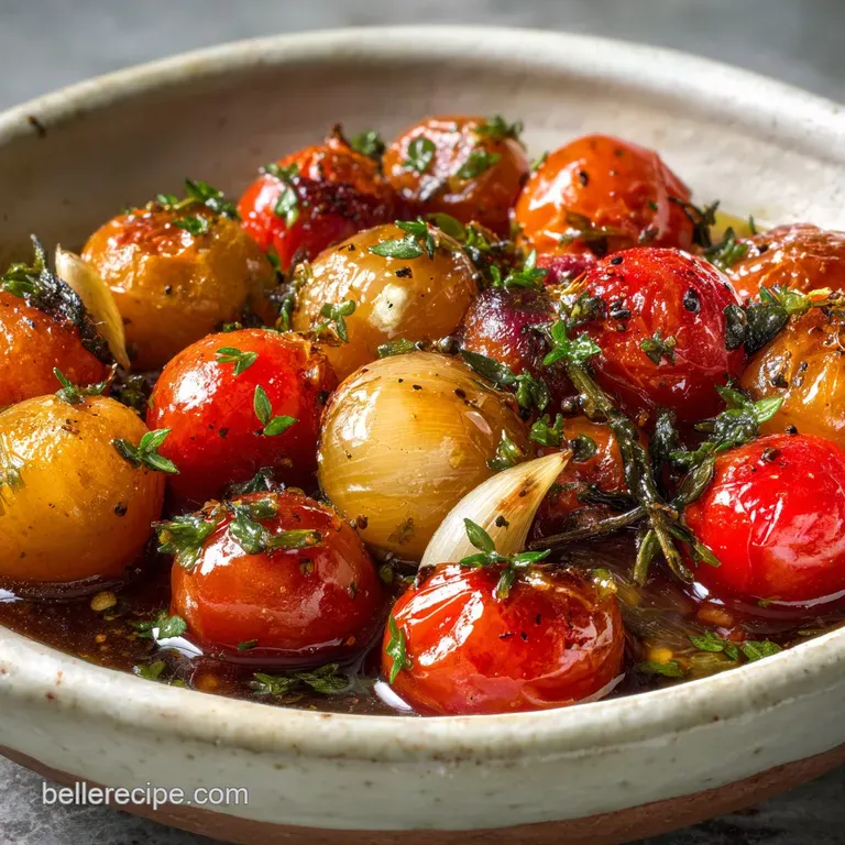 Glossy roasted cherry tomatoes, glistening with olive oil, artfully arranged on a white plate and sprinkled with fragrant ...