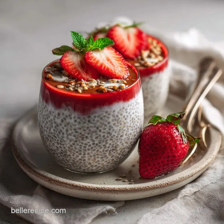 Layered coconut chia pudding in a parfait glass, garnished with toasted coconut flakes and a sprig of fresh mint for an el...