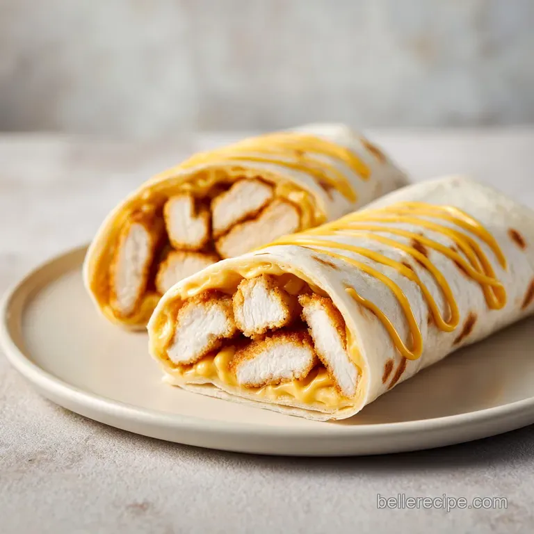 Neatly sliced tortilla wraps revealing golden breaded chicken and crisp greens, plated with a creamy dipping sauce.