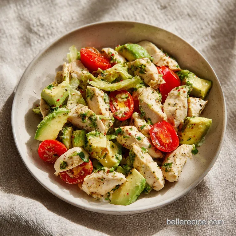 Plated chicken salad: creamy avocado and chicken mixture atop vibrant greens, with juicy tomato wedges. Fresh and inviting.