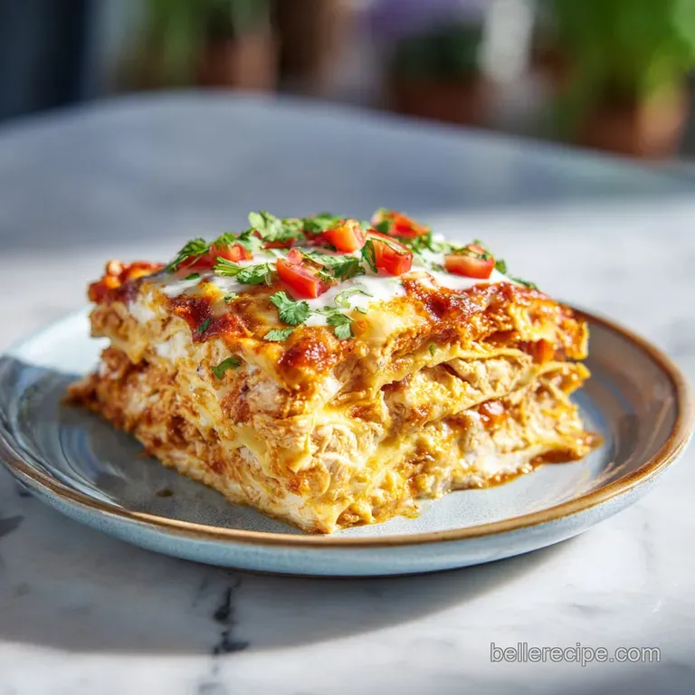 Single serving of chicken enchilada casserole plated, garnished with cilantro, showing the creamy, cheesy, saucy layers.
