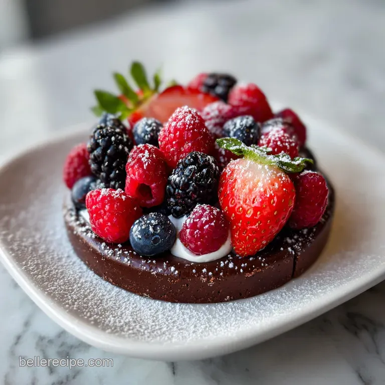 Elegant chocolate and berry charcuterie board with glossy chocolate squares, sugared raspberries, and delicate wafer cookies.